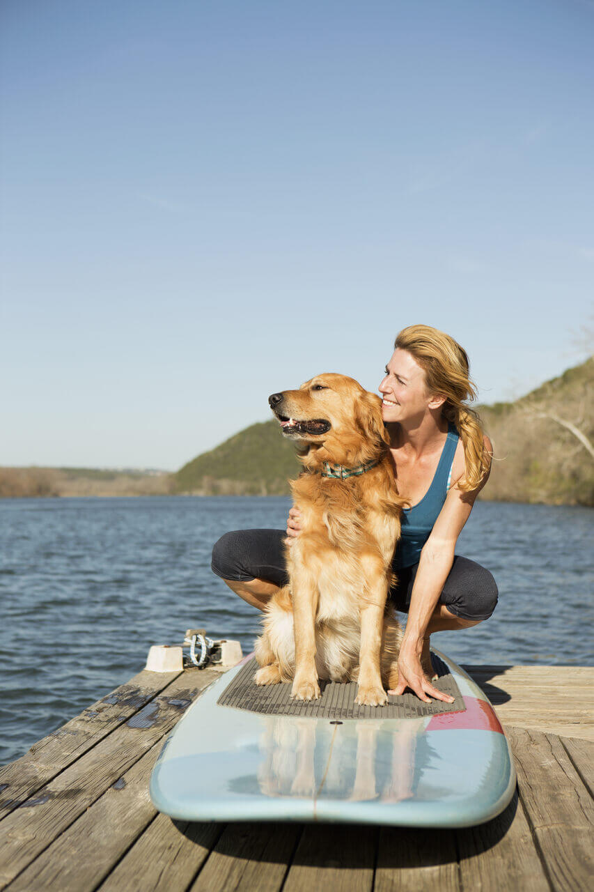 A woman training her dog to get used to a paddle board on shore