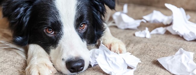 Hund liegt traurig auf einer Couch