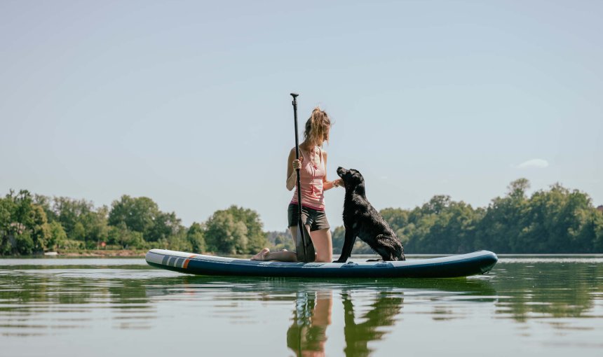 A woman paddle boarding with a dog in a river