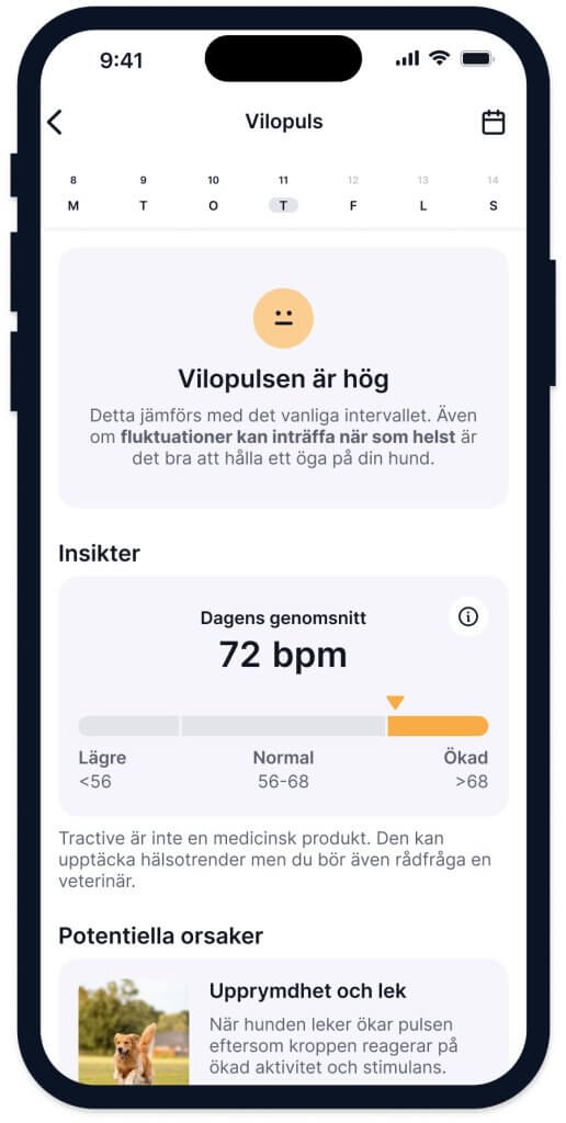 En hunds vilopulsdata i Tractive-mobilappen