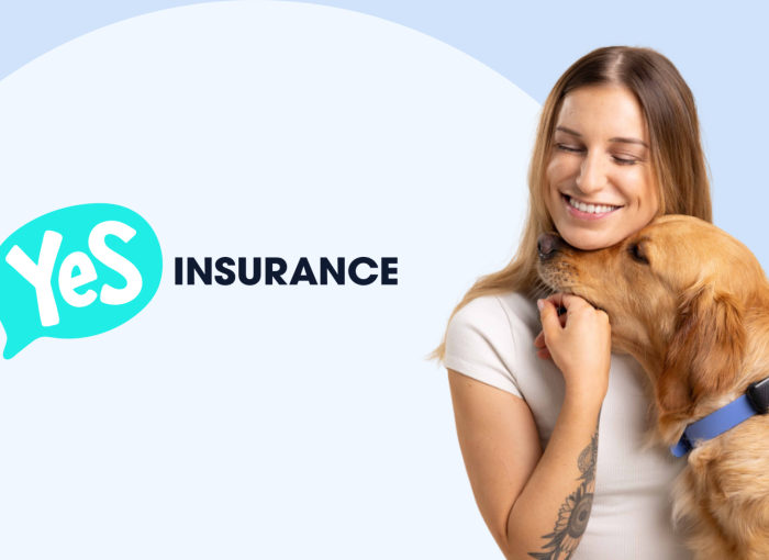 Pet with owner and tracker and Yes Insurance logo