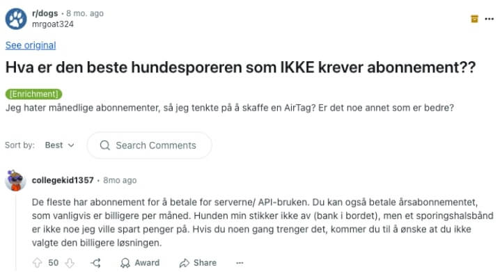Skjermbilde av Reddit-innlegg: Hva er den beste hundesporeren som IKKE krever abonnement??