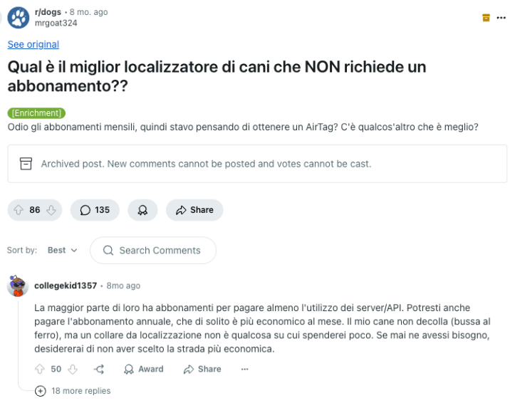 Screenshot di un post di Reddit: Qual è il miglior localizzatore di cani che NON richiede un abbonamento??