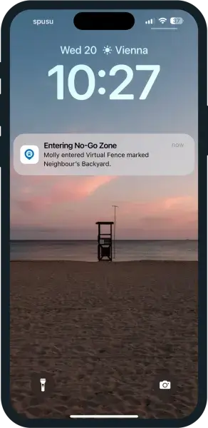 Smartphone lock screen with a notification from Tractive app - Dog Molly left the Virtual Fence
