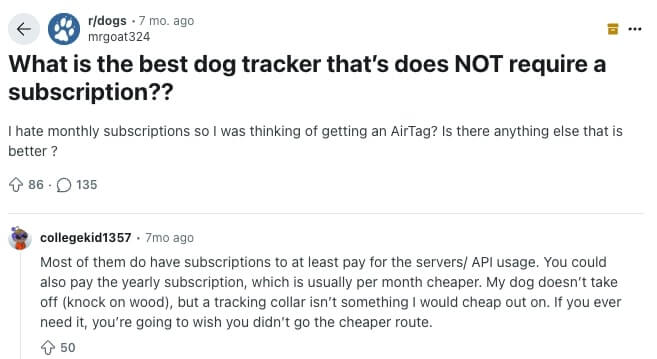 Reddit post screenshot: What is the best dog tracker that’s does NOT require a subscription??