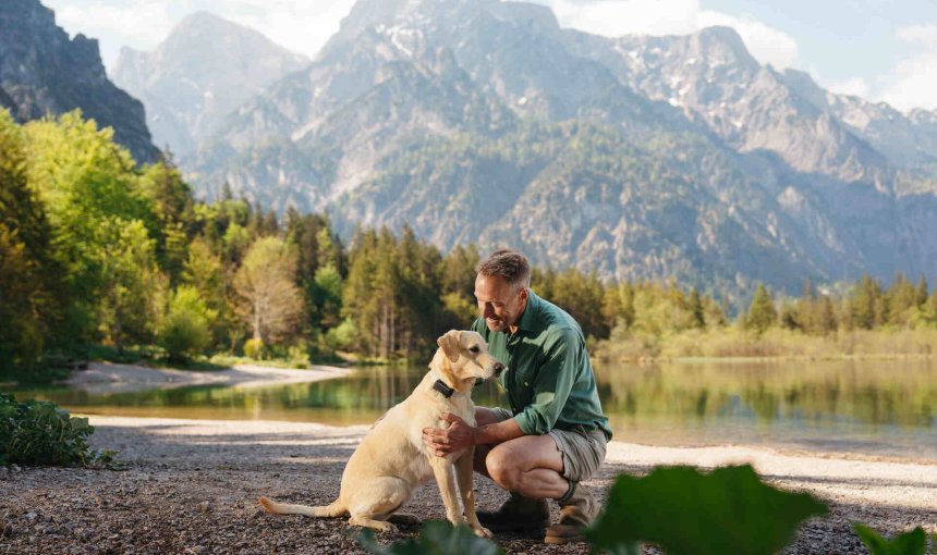 A man comforting a dog in heat wearing a Tractive GPS tracker