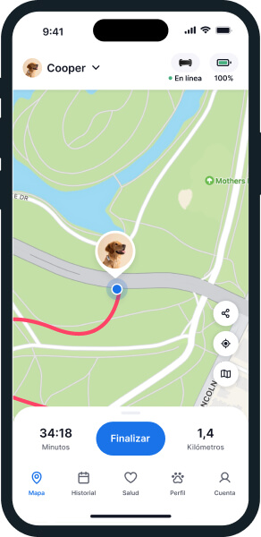 Pantalla de la aplicación del rastreador Tractive para perros función de seguimiento en vivo