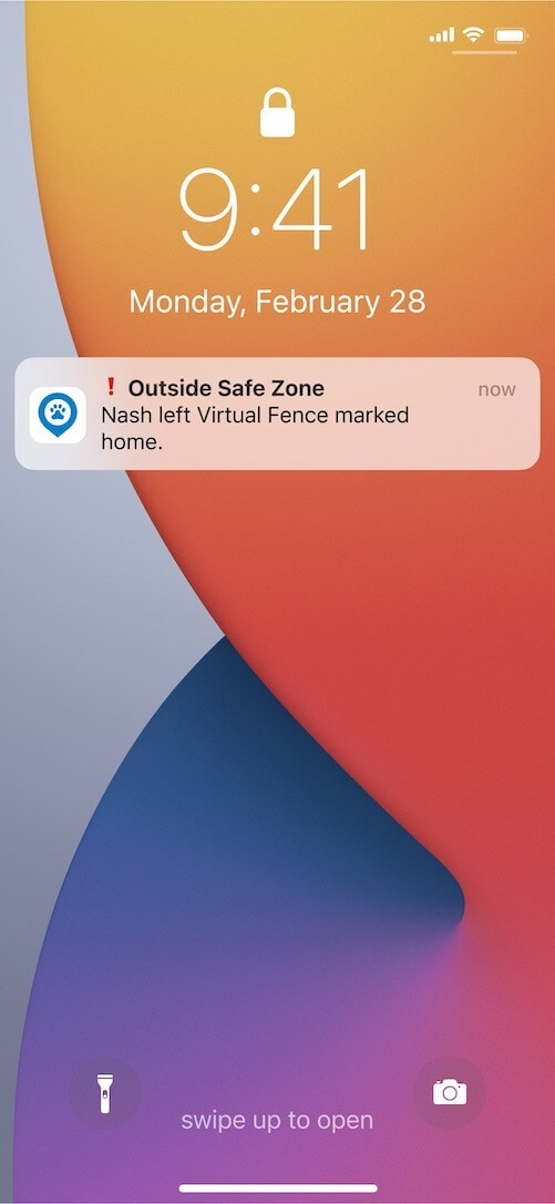 Screenshot from smartphone showing the Tractive Smart Health & GPS Tracker for Pets escape alert push notification 