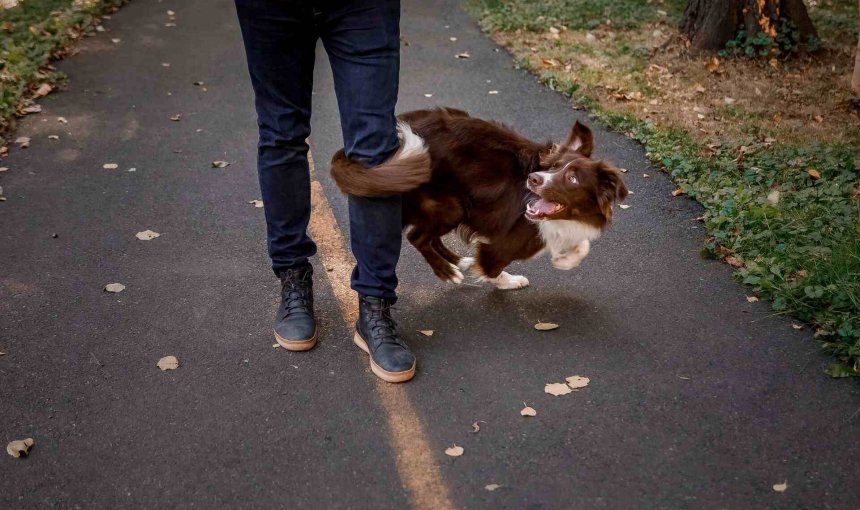 An off-leash dog on a walk