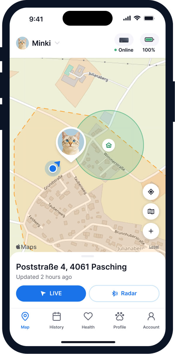 screenshot of the tractive gps app cat territory feature