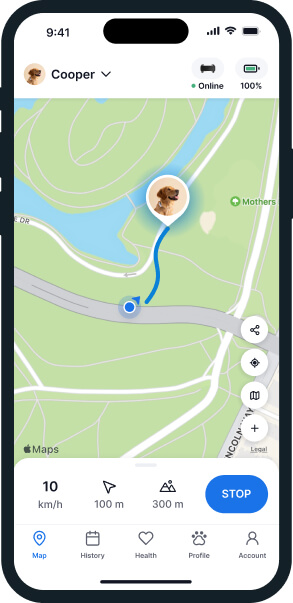 capture d'écran de l'application de suivi GPS en direct pour chiens (tractive)