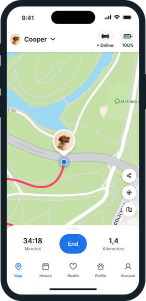App screen of the Tractive dog tracker live tracking feature