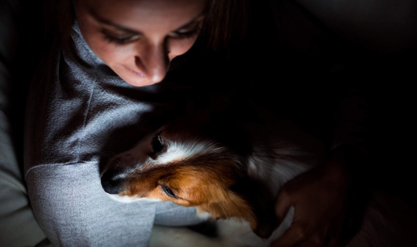 A woman comforting her dog at nighttime