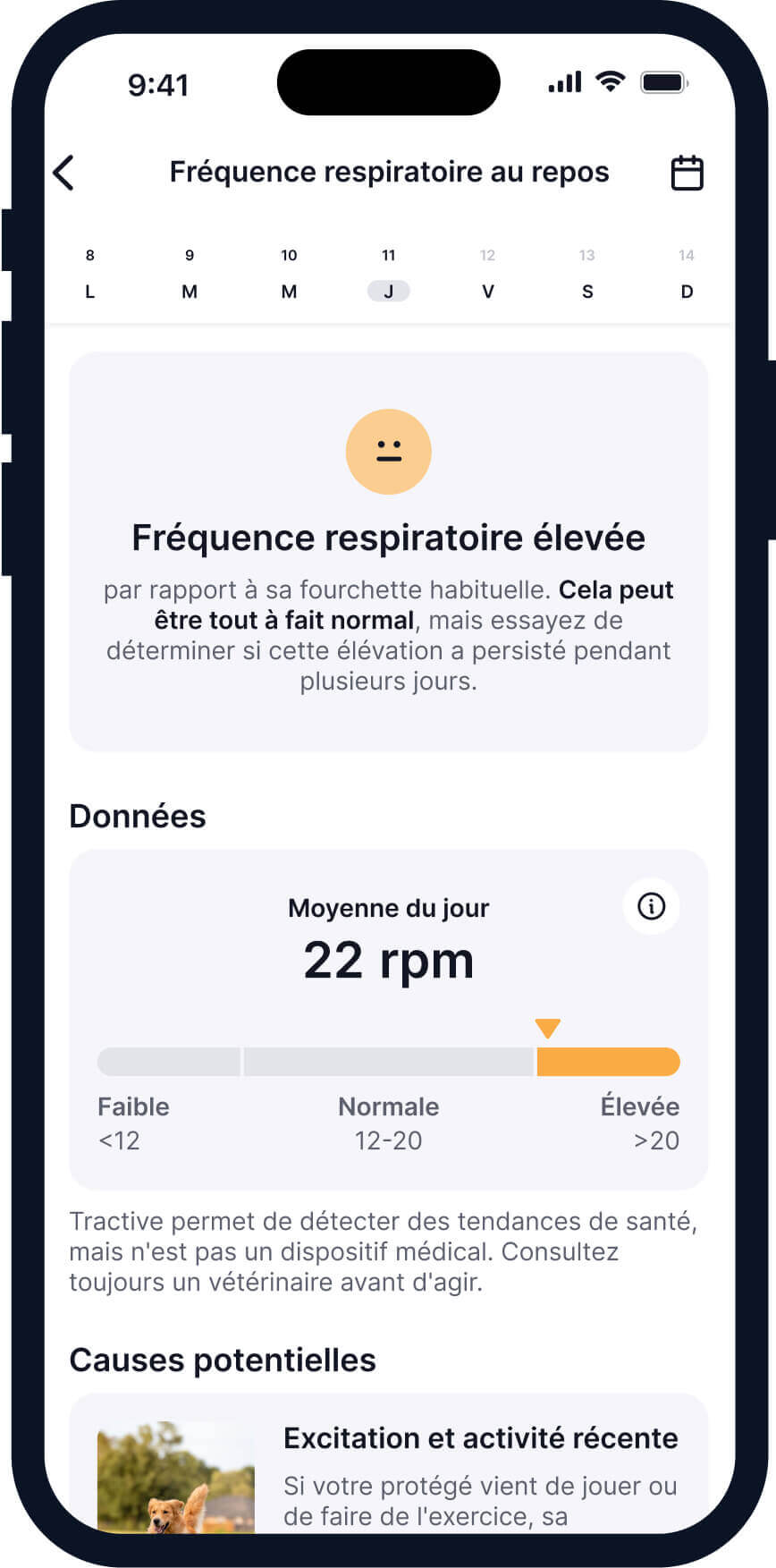 capture d'écran de la fonctionnalité Tractive de surveillance de la fréquence respiratoire au repos du chien