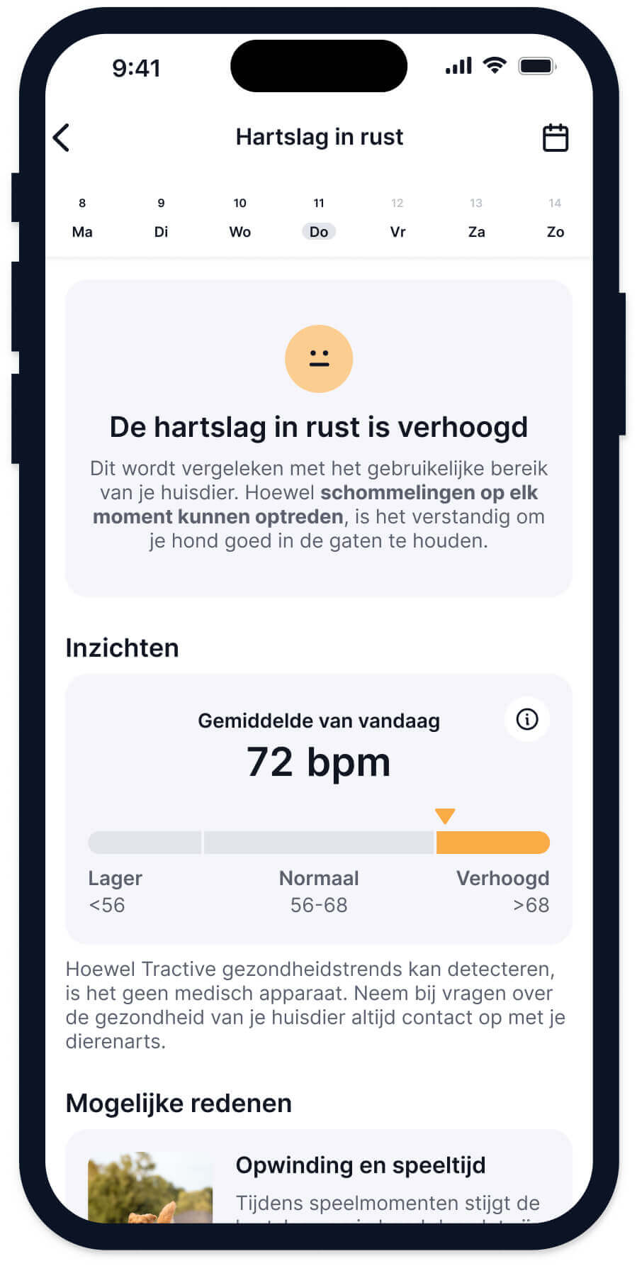 screenshot van de Tractive-functie voor het monitoren van de rusthartslag van de hond