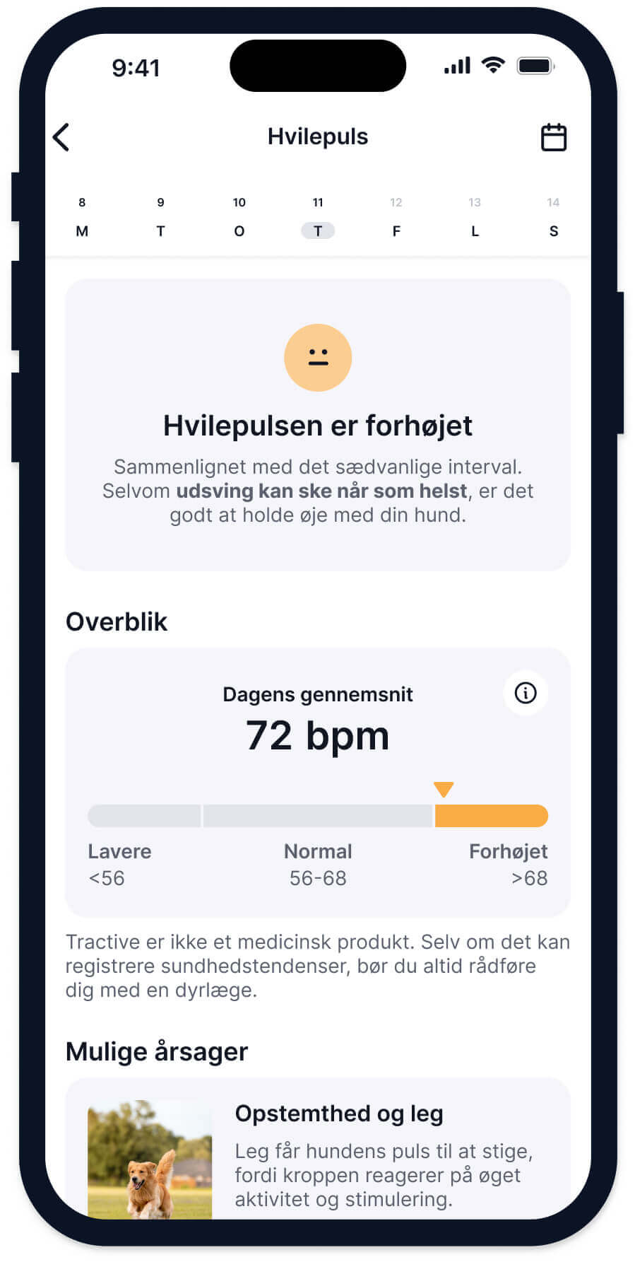 skærmbillede af Tractive-funktionen til overvågning af hundens hvilepuls