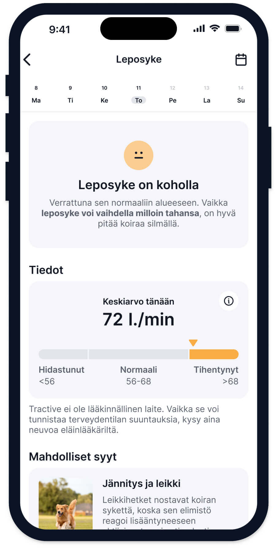kuvakaappaus Tractive-toiminnosta koiran leposykkeen seurantaan