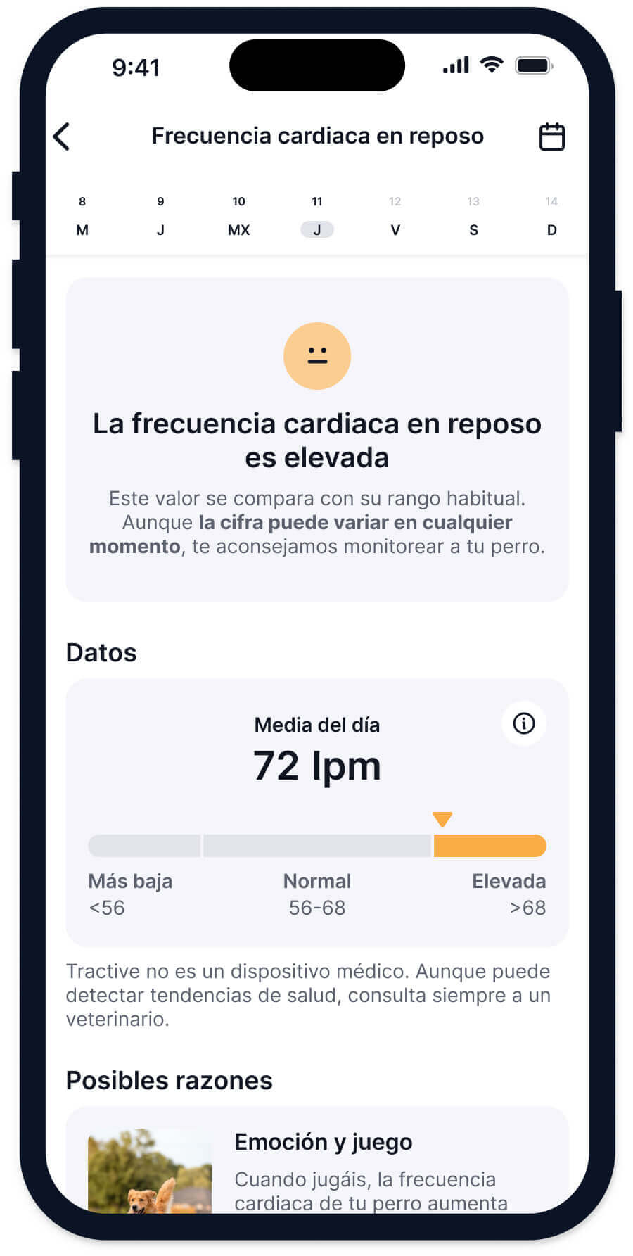 captura de pantalla de la función de Tractive para monitorizar la frecuencia cardíaca en reposo del perro