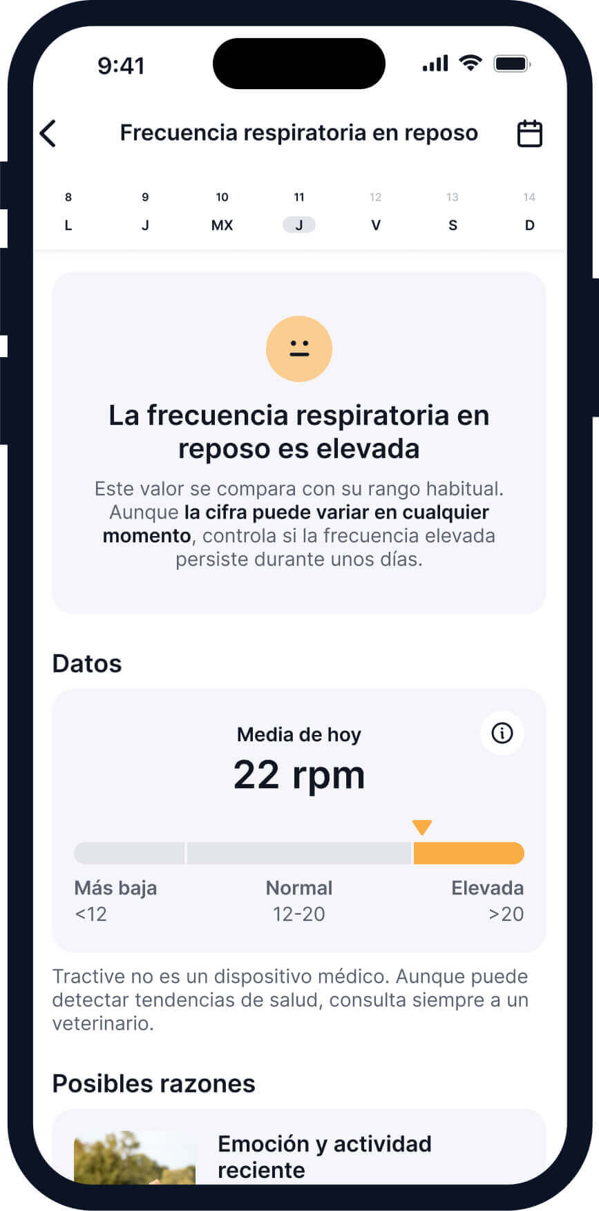 captura de pantalla de la función de Tractive para monitorizar la frecuencia respiratoria en reposo del perro
