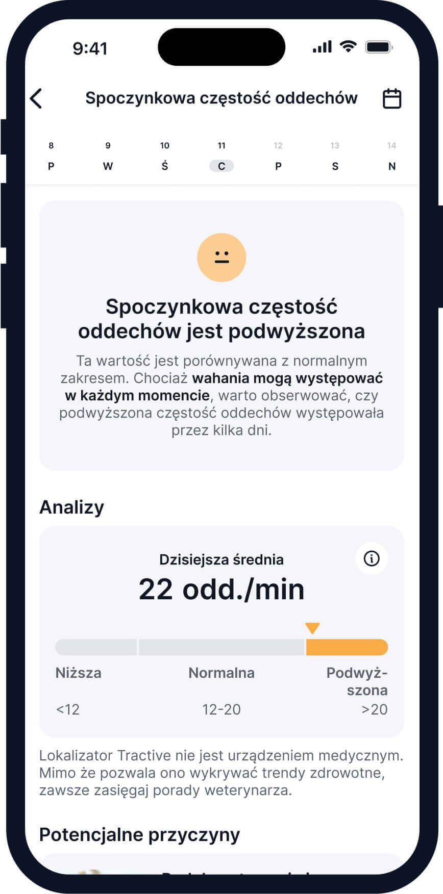 zrzut ekranu funkcji Tractive monitorowania częstotliwości oddechów psa w spoczynku