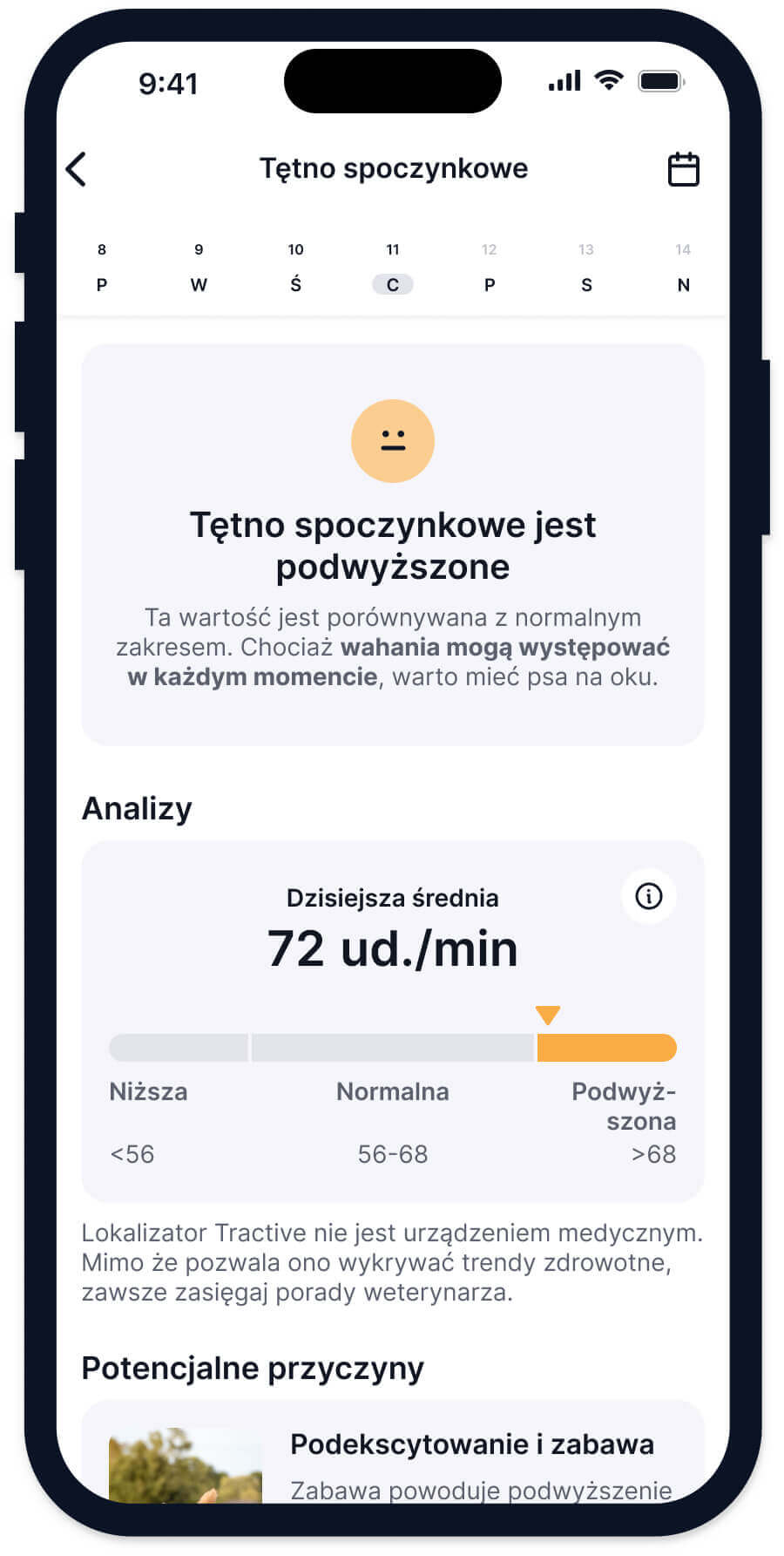 zrzut ekranu funkcji Tractive monitorowania tętna psa w spoczynku 