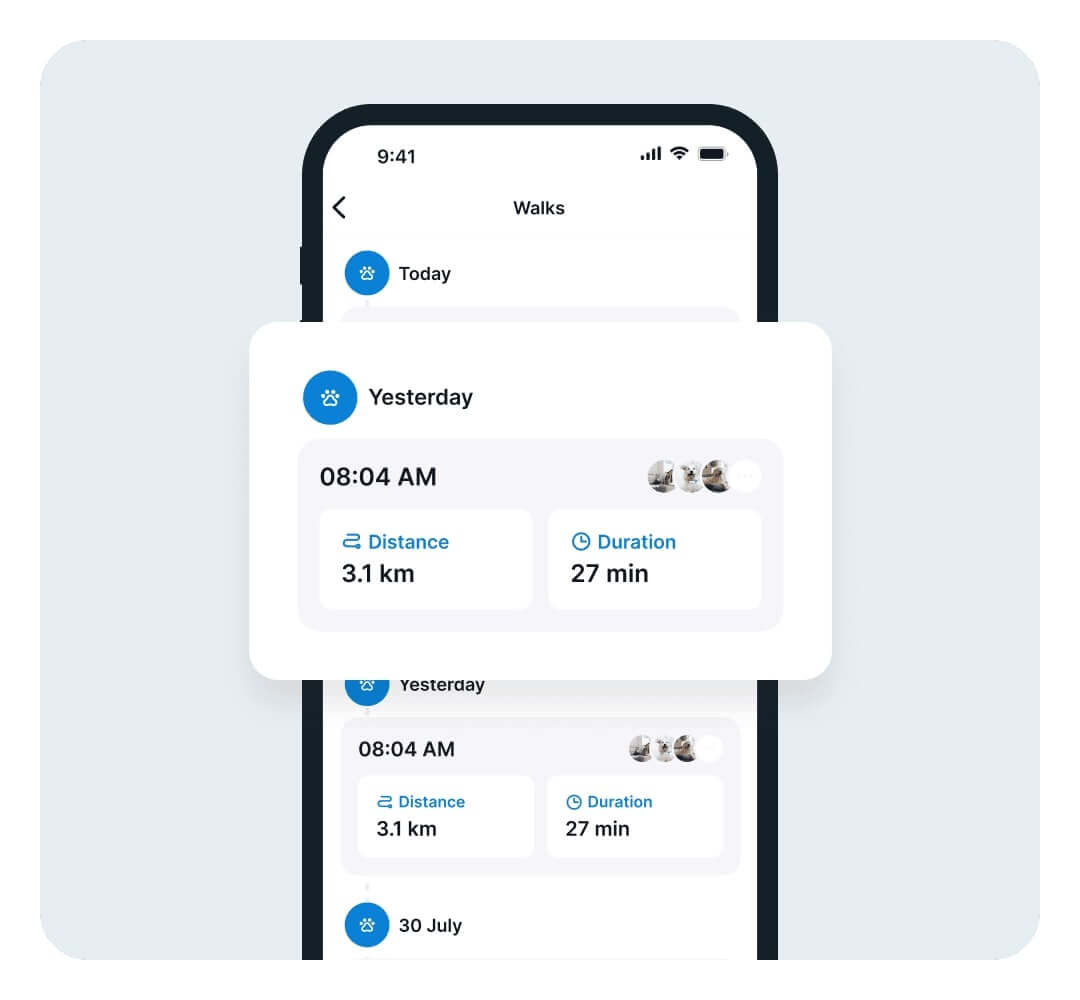 Tractive dog walk app screenshot - walks overview
