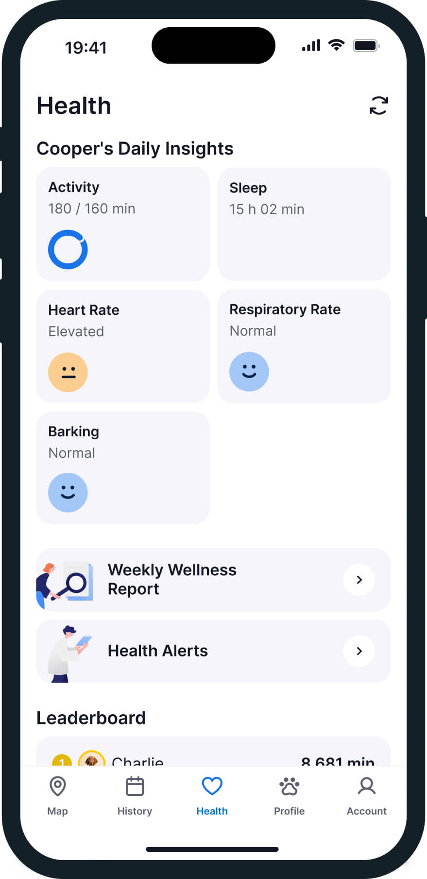 screenshot of the tractive gps and dog health tracking app