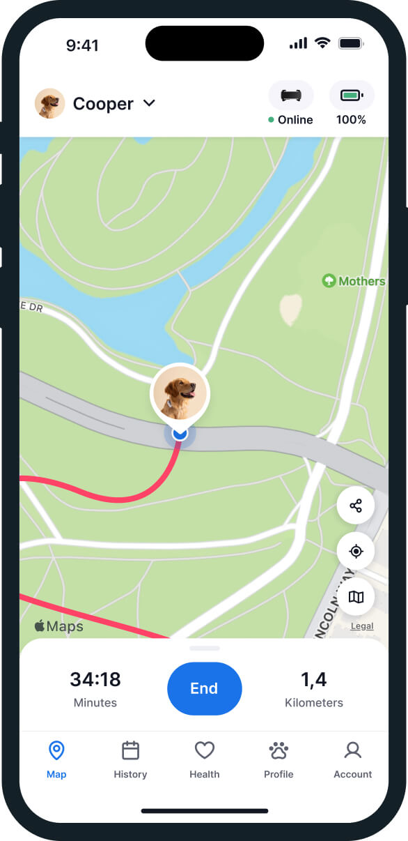 screenshot of the tractive gps app dog walk tracking feature
