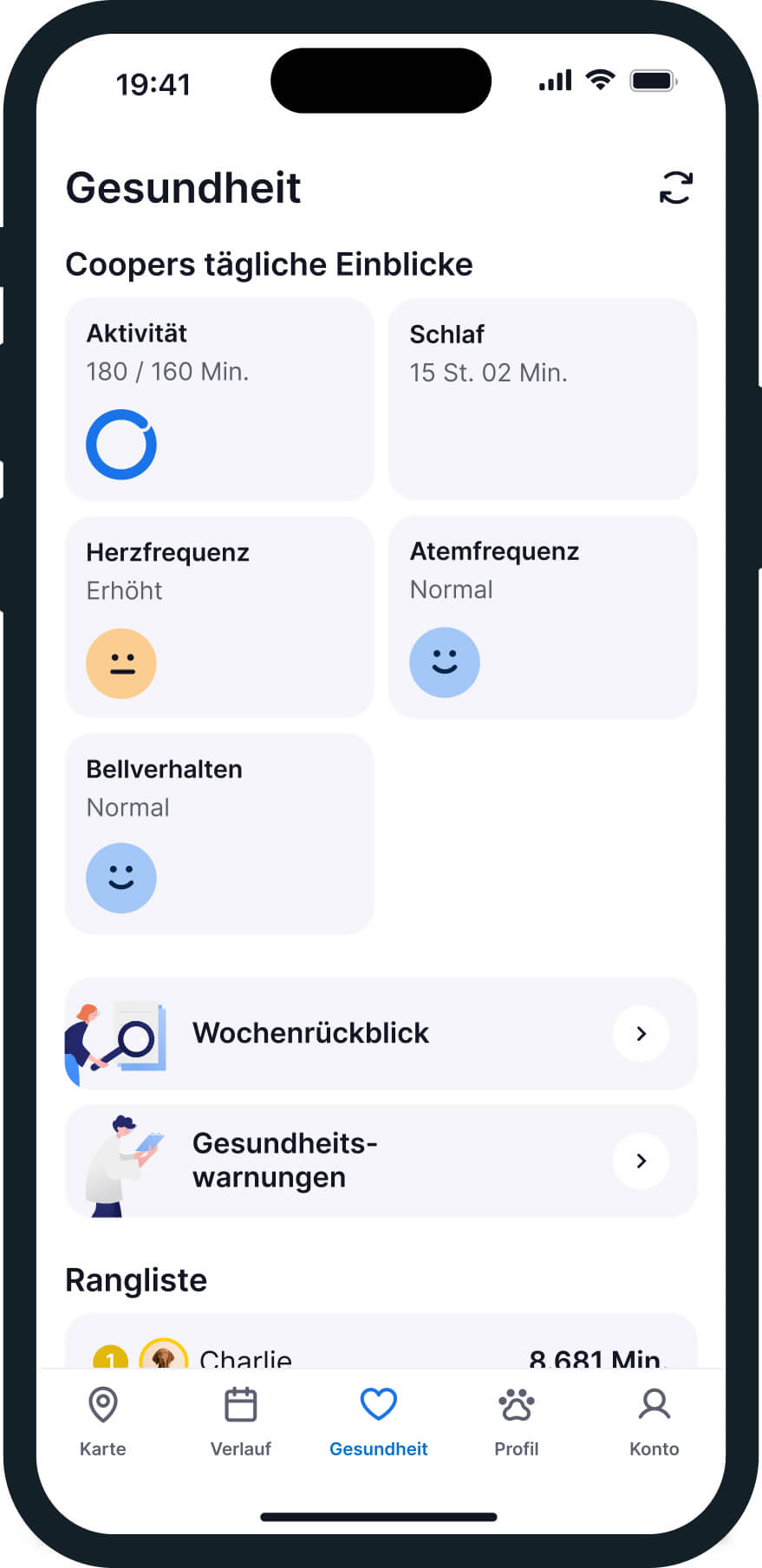 Screenshot der Tractive GPS und Hund-Gesundheitstracking App