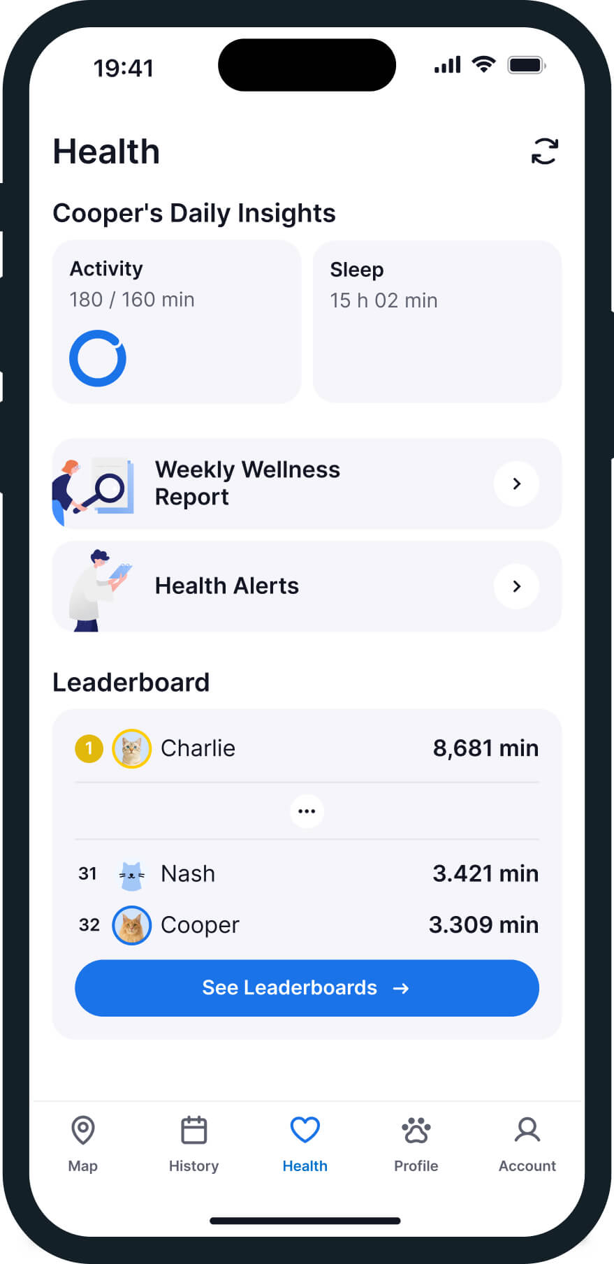 screenshot of the tractive gps and cat health tracking app