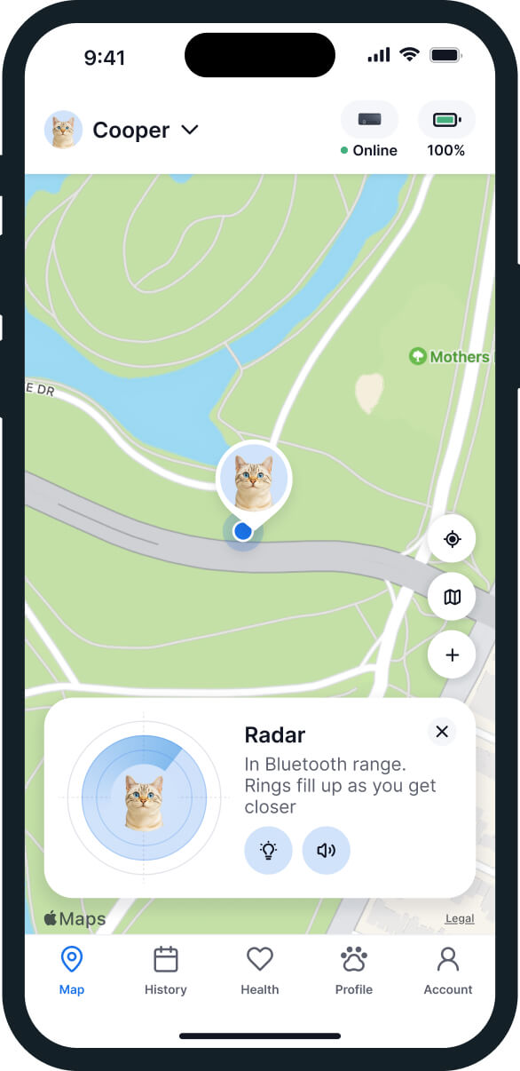 Tractive for cat tracking app screen showcasing radar mode feature