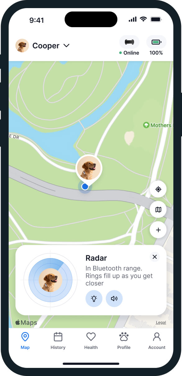 Screenshot of the Tractive GPS app radar mode (bluetooth find mode) feature
