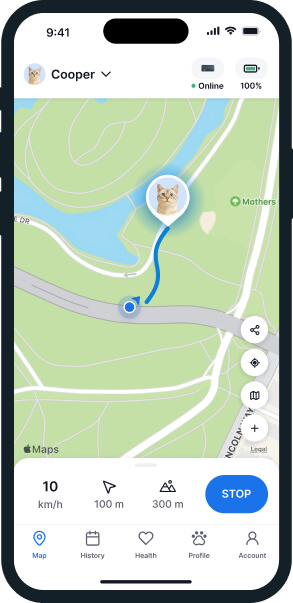 Captura de pantalla de la app de rastreo GPS en vivo para gatos (tractive)