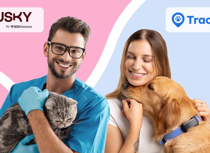 Imagen de colaboración entre Tractive y Musky, mostrando a una mujer con un perro y a un hombre con un gato.