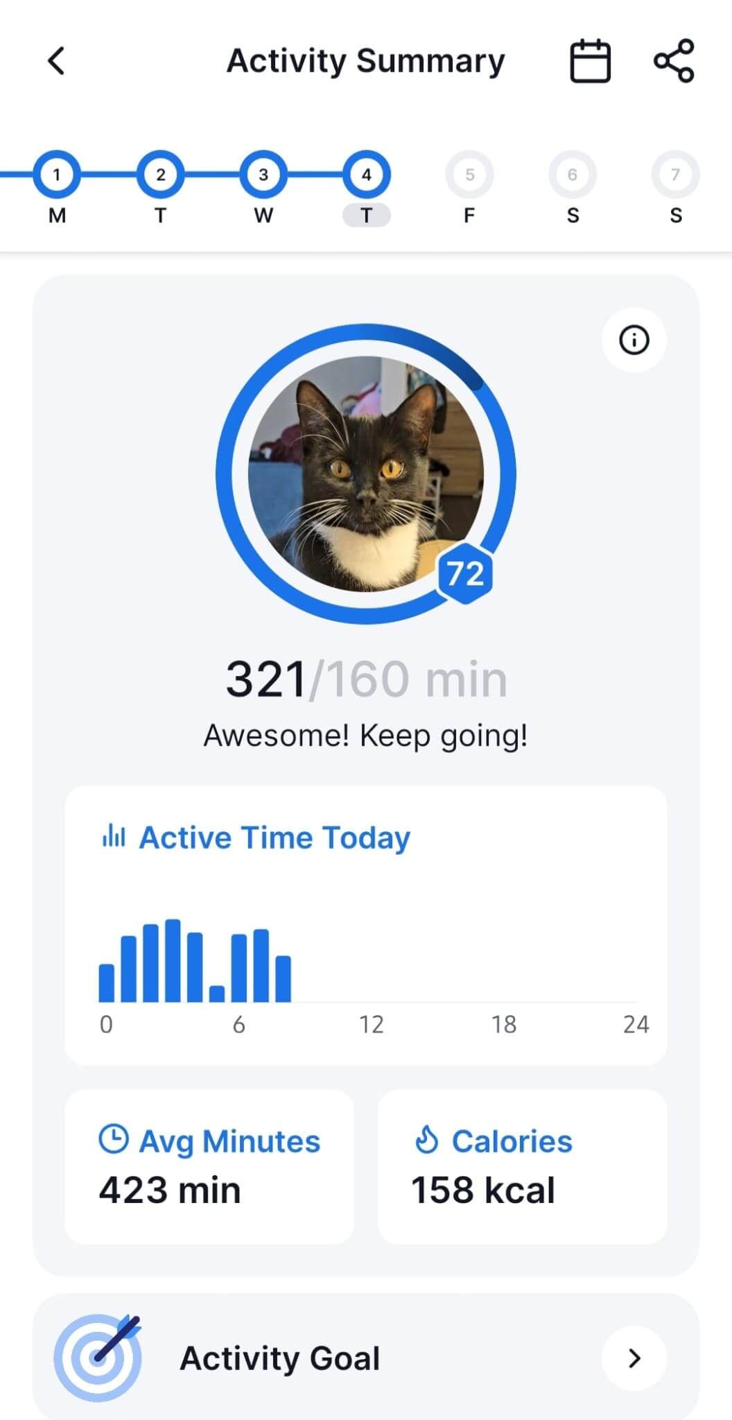 Screenshot of Tractive cat activity monitoring app showing how much exercise tilda the cat gets each day
