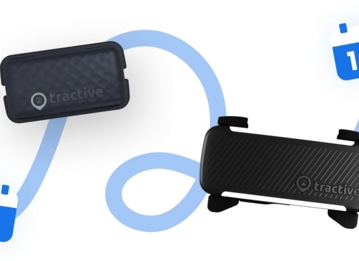 Tractive GPS Tracker für Katzen und Hunde mit einer blauen Illustration zur Akkulaufzeit.