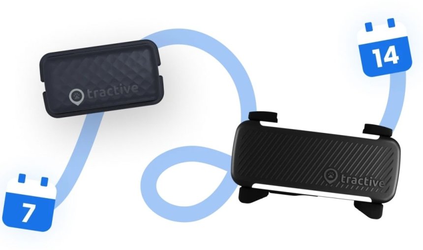 tractive cat and dog pet gps trackers with blue battery life illustration