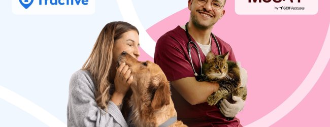 Tractive and Musky logos + Dog with tracker and owner and vet with cat