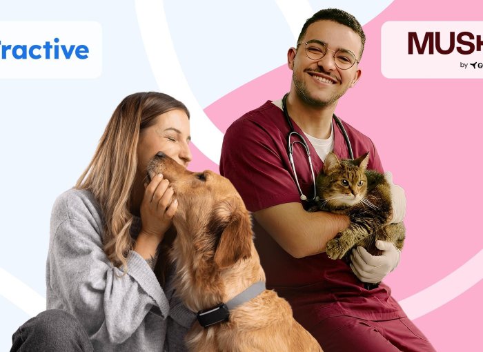 Tractive and Musky logos + Dog with tracker and owner and vet with cat