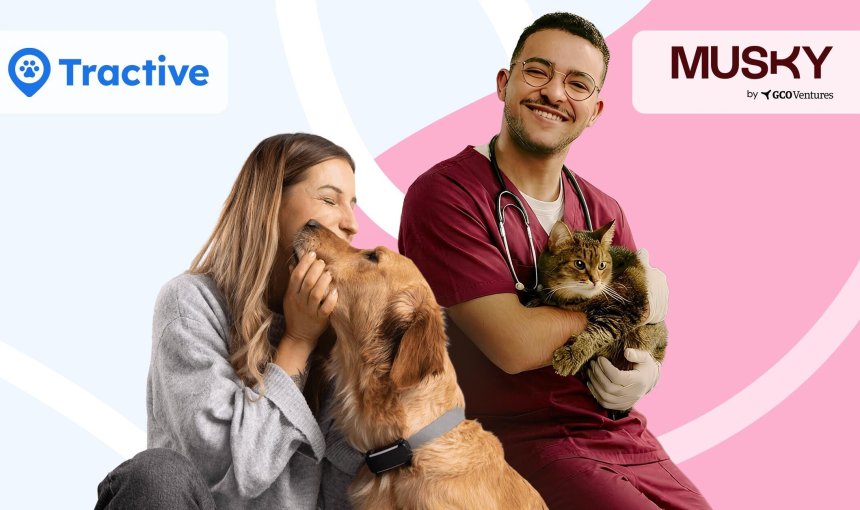 Tractive and Musky logos + Dog with tracker and owner and vet with cat