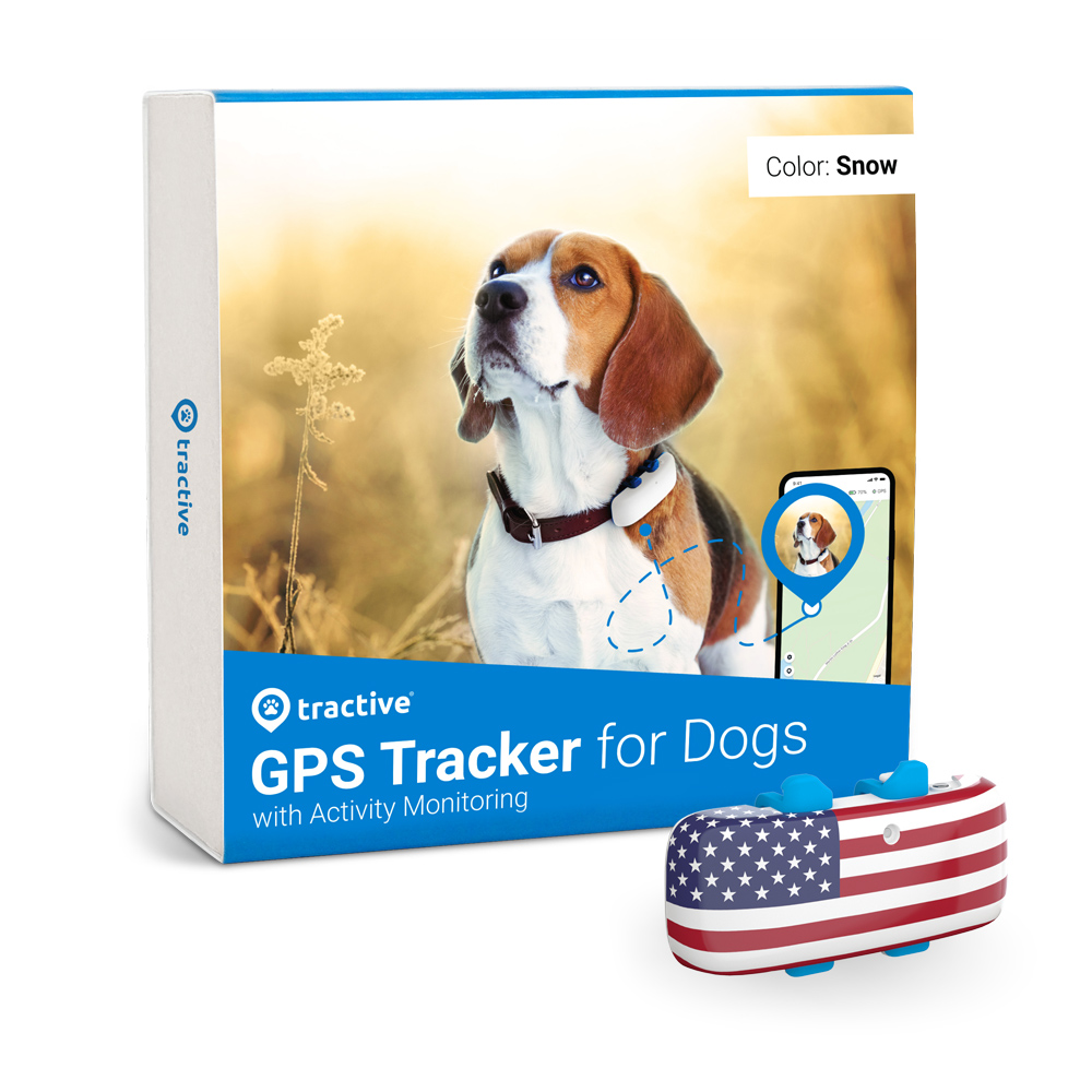 Tractive GPS American Bundle: GPS Dog Tracker (white) & American Flag Cover. Real-time location. Activity tracking. Unlimited range. Waterproof.